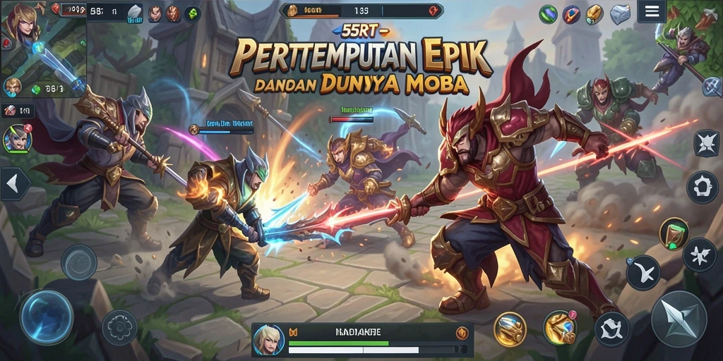 Screenshot gameplay 55RT menampilkan pertempuran MOBA yang seru.