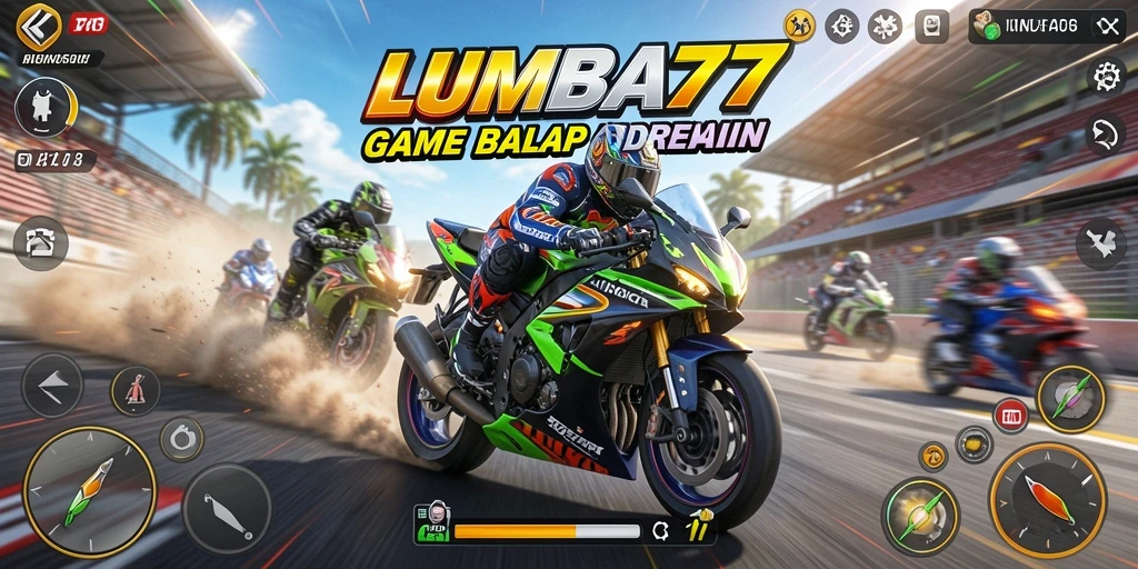 Screenshot gameplay LUMBA77 yang menampilkan balapan motor yang intens.