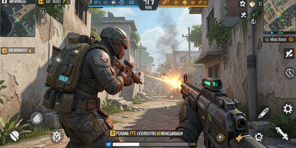 Tampilan gameplay MKWIN666 yang menegangkan dengan aksi tembak-menembak.