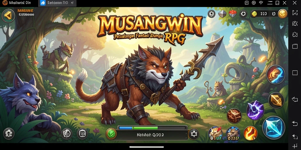 Tangkapan layar gameplay RPG MUSANGWIN menampilkan pertempuran seru dan dunia fantasi.