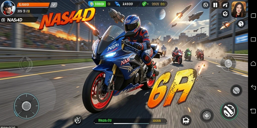 Tangkapan layar gameplay <strong>NASA4D</strong> dengan aksi balapan motor yang intens.