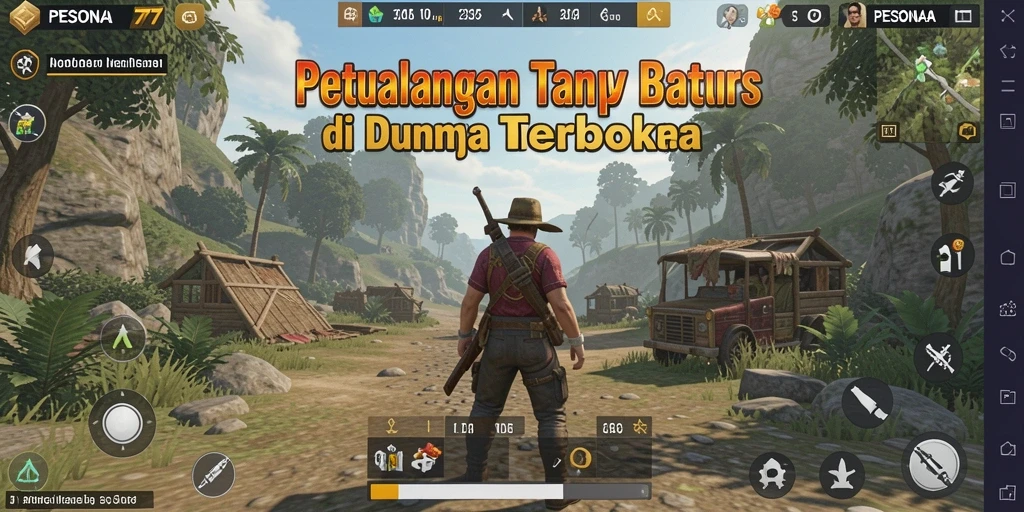 Screenshot gameplay PESONA77 menunjukkan dunia terbuka yang luas dan indah.