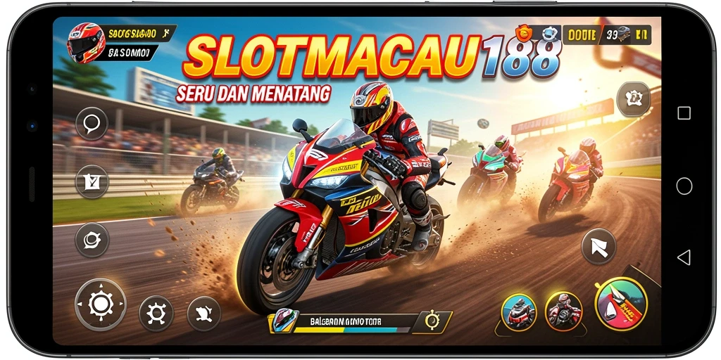 Screenshot utama SLOTMACAU188 menampilkan aksi balap motor yang seru dan mendebarkan.